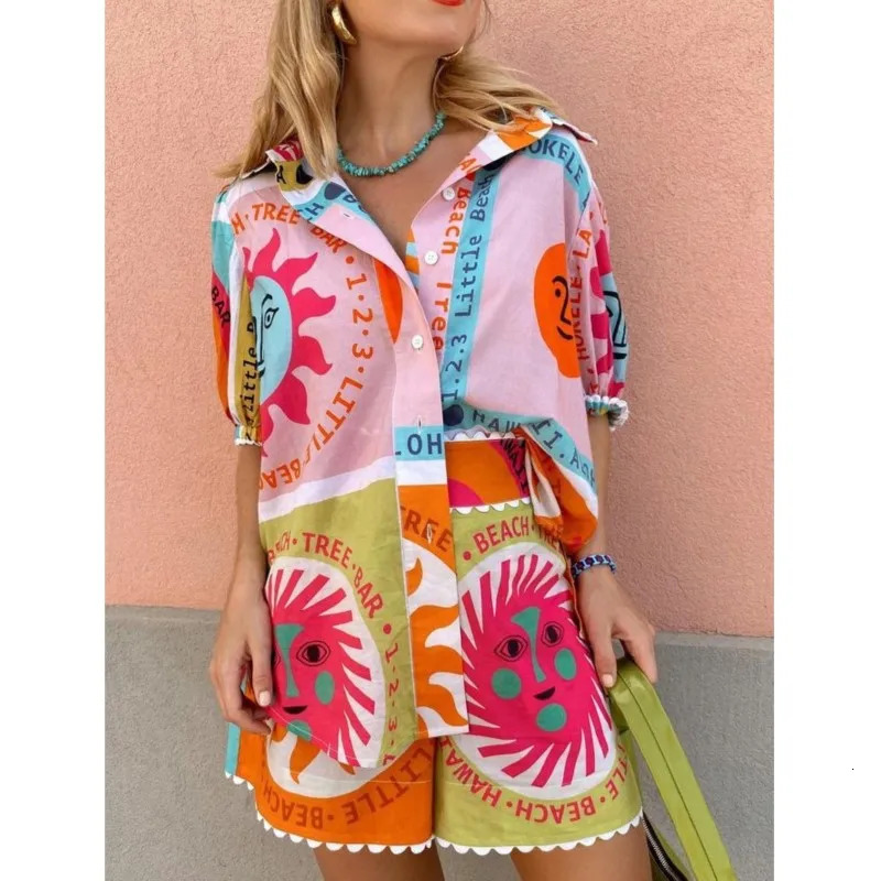 Boho Women Summer Shorts Outfits Daily Beach Sun Print Short Sleeve Button Shirts Tops Elastic Waist Shorts 2 Pieces Lounge Sets 260306