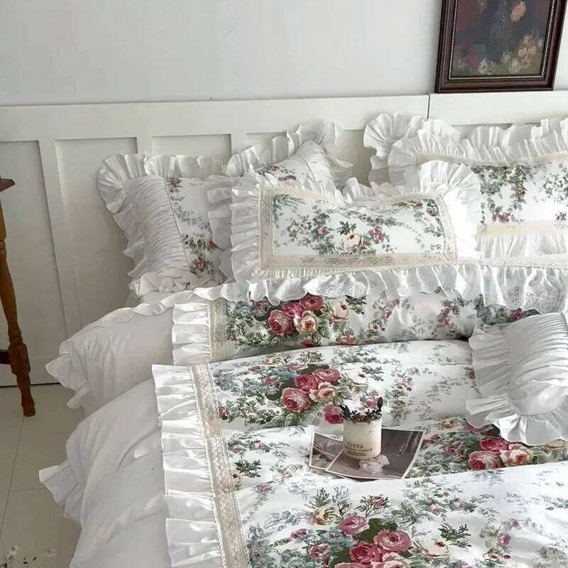 Ruffle patchwork 3Pcs Floral 100%cotton White Duvet Cover Set +2Pillowcases US/UK Super King size Bedding Sets H260312