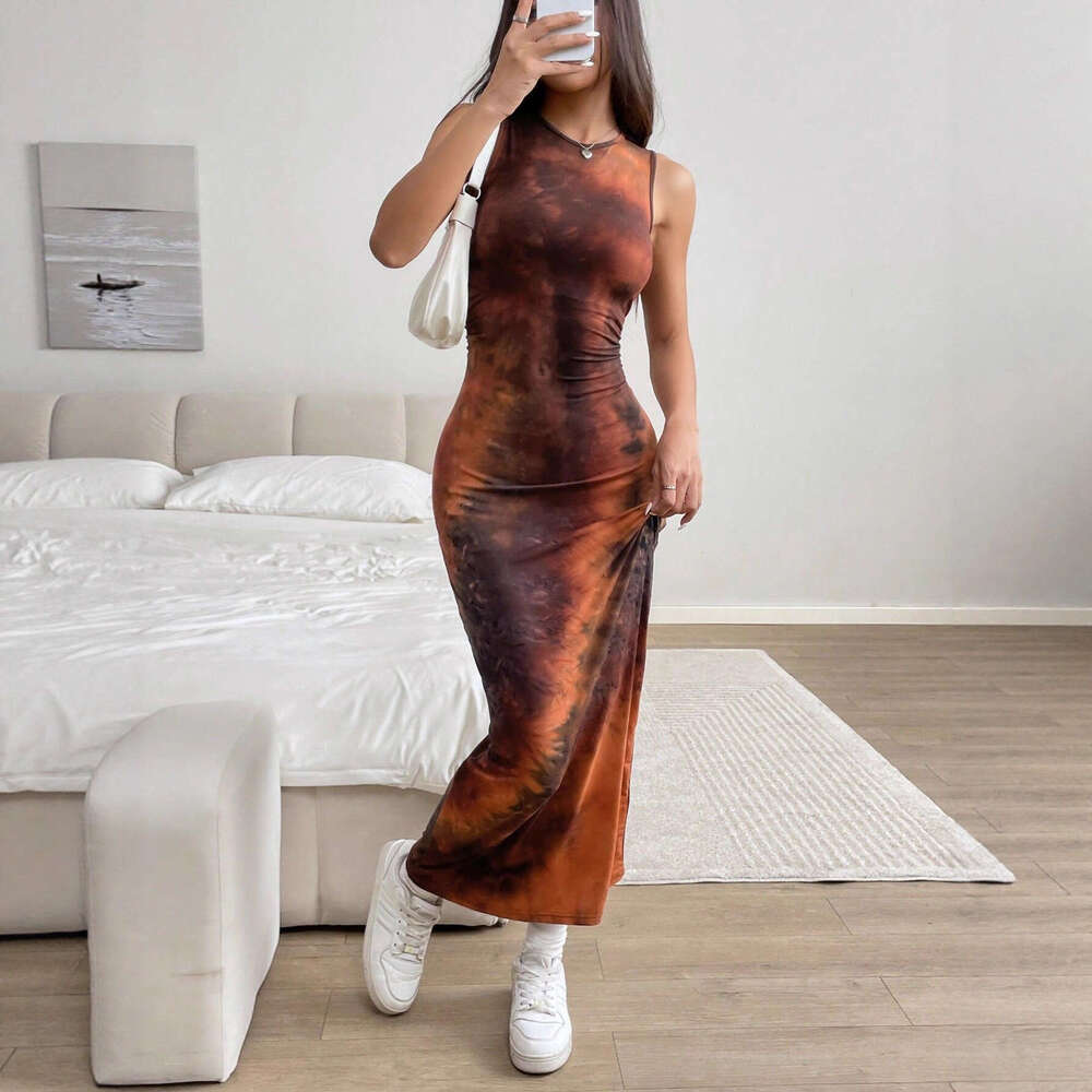 In Stock European and American 2025 Spring Summer Export Women's Sexy Sleeveless Printed Mid-Length Slim Fit Tank Dress for Women