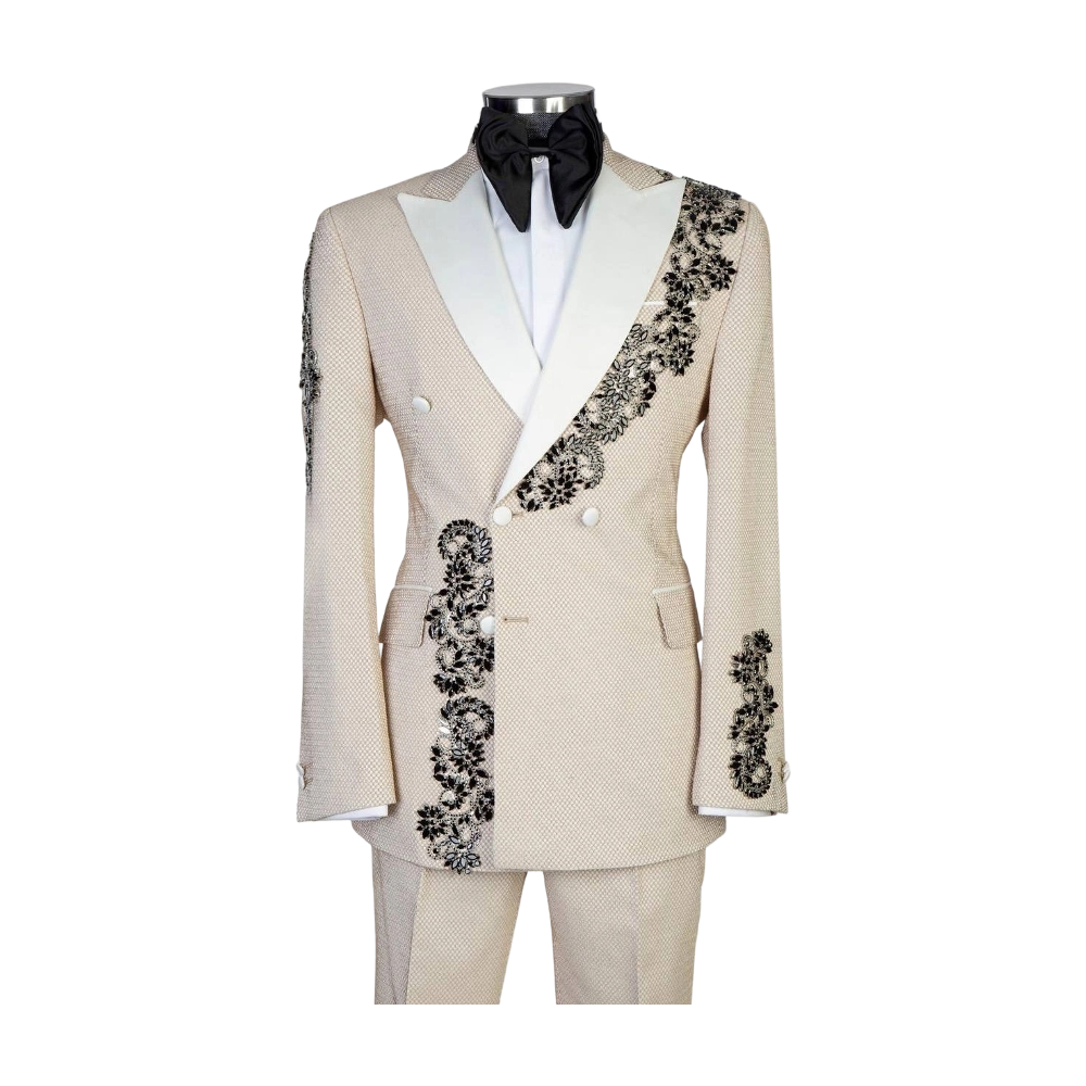 Fashion Men Suits 2 Pieces Rhinestone Beaded Peaked Lapel Blazer Appliques Tailor-Made Double Breasted Jacket Groom Customized Coat Pants Plus Size