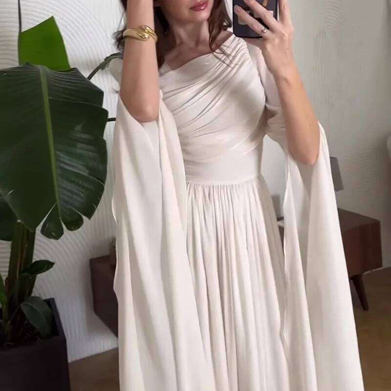 Elegant Slant Shoulder Draped Gowns Casual Split Sleeve Solid Party Women Fashion Hight Waist Slim Long Dress C260312