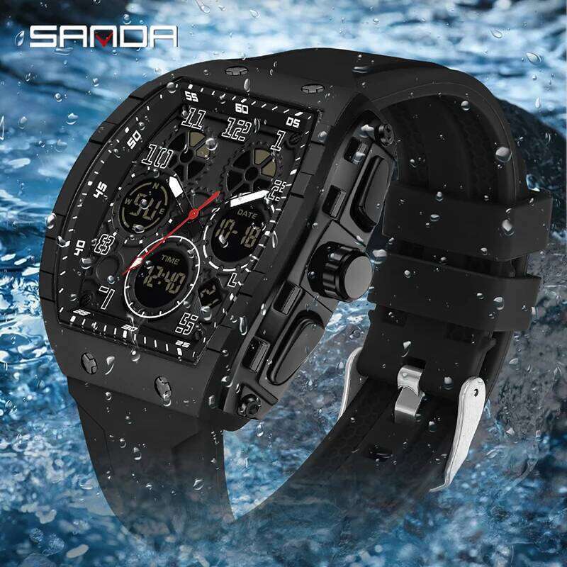 Sanda brand's new electronic digital multifunctional fashion trend men's watch silicone waterproof alarm clock men 2024