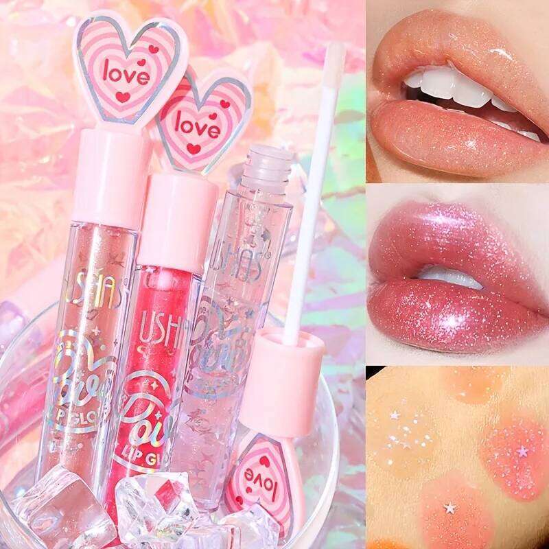 USHAS 3 colorful mirror pearl with flash glaze lasting color doe moisturizing lip honey W260311