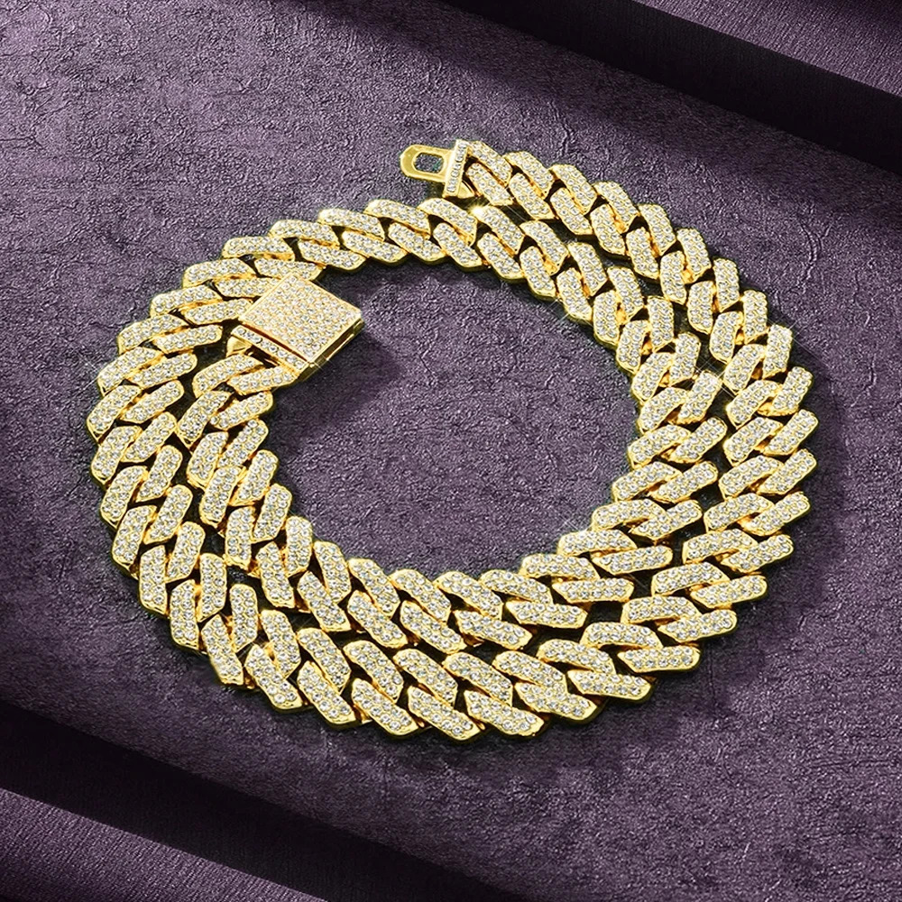 14mm Hip Hop Cuban Link Chain For Men Silver Color Iced Out Rhinestone Miami Necklace Choker for Women with Neck Chain Jewelry 260304