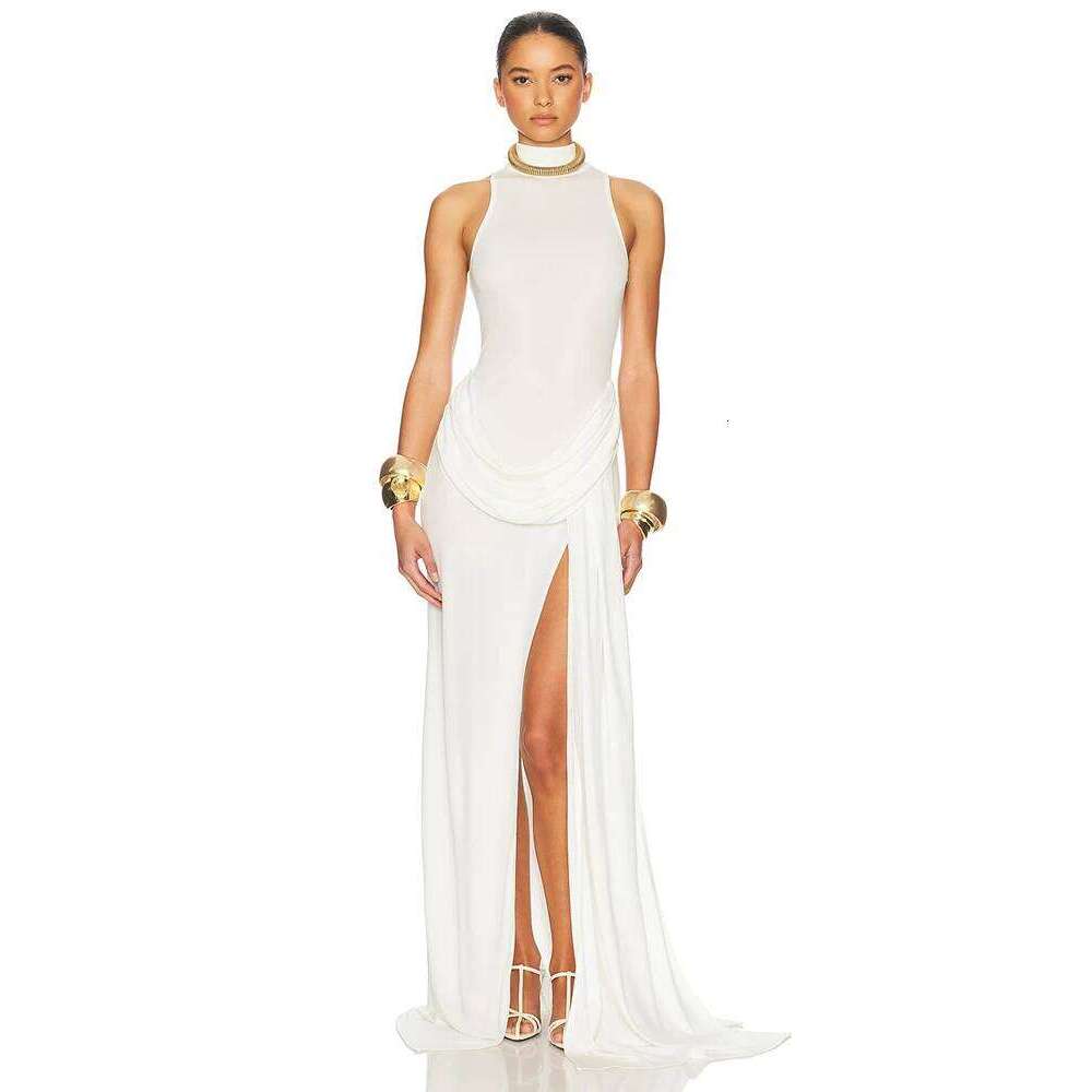 Blifanbo Turtleneck Off-shoulder Sleeveless Thigh Split High Waist Pleated Maxi For Women Elegant Fashion Club Party Dress C260312
