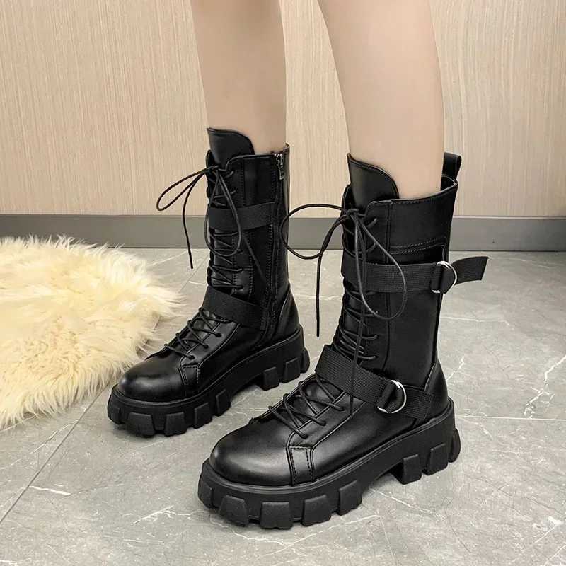 Womens Mid Length Boots 2025 Autumn New British Thick Soled High Rise Mid Length Boots Fashionable Plus Size Motorcycle Boots S260312