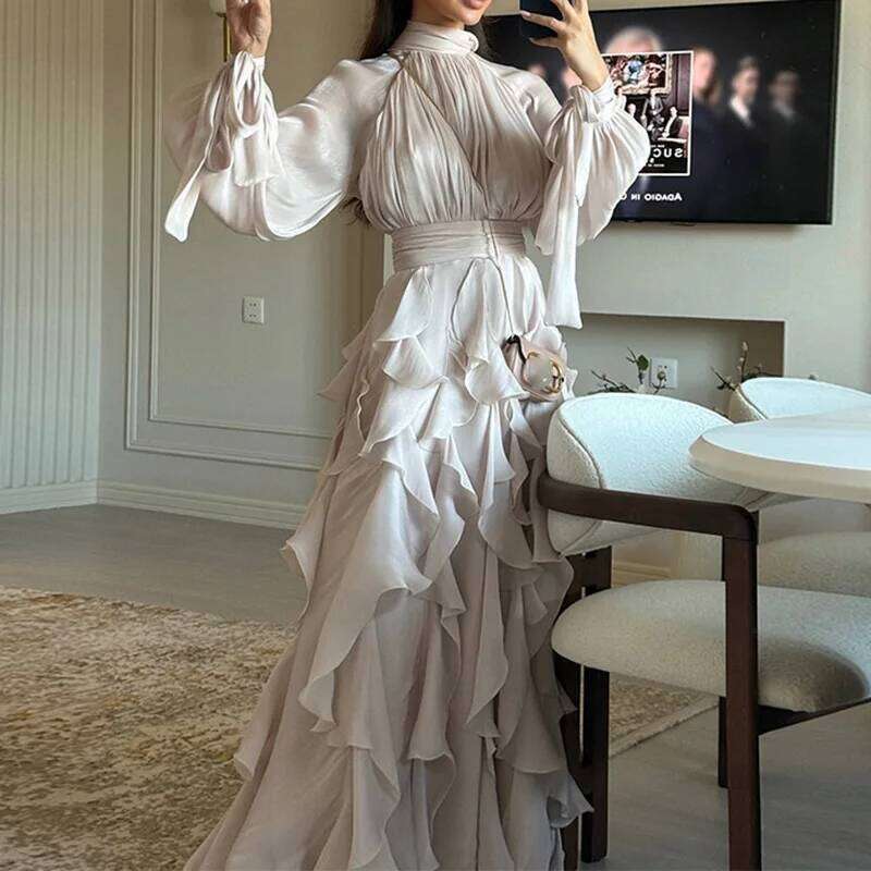 Spring Fall Elegant Evening Long Women Fashion Half-high Collar Waist Slim Holiday Casual Ruffled Solid Party Dress C260312