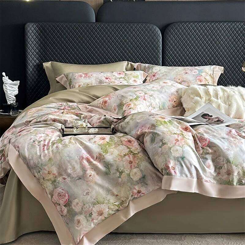 Premium 1000TC Egyptian Cotton Flowers Print Queen King Size Bedding Set Duvet Cover Flat/Fitted Sheet Pillowcases 4Pcs H260312