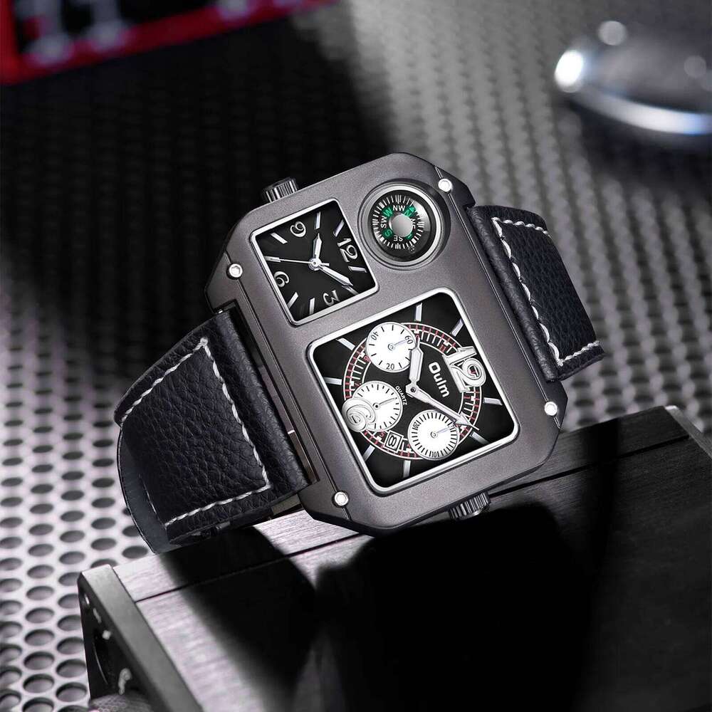Oulm Original 9150 Two Time Zone Sport Watch Large Dial Big Size Male Quartz Clock Decorative Compass Men Military Watches