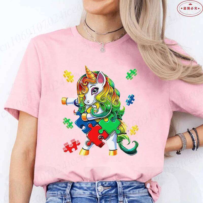 Autism T-Shirt for Women Clothing Summer O Neck Short Sleeve Tees Shirt Awareness Month Unicorn Graphic Y2k Tops Z260312