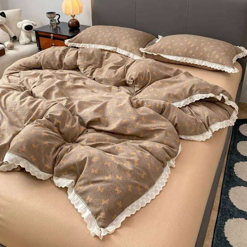 INS French Lace Trim Bowknot Double Layer Gauze Quilt Cover Four-Piece Set Simple Bed Fitted Sheet Dormitory Three-Piece H260312
