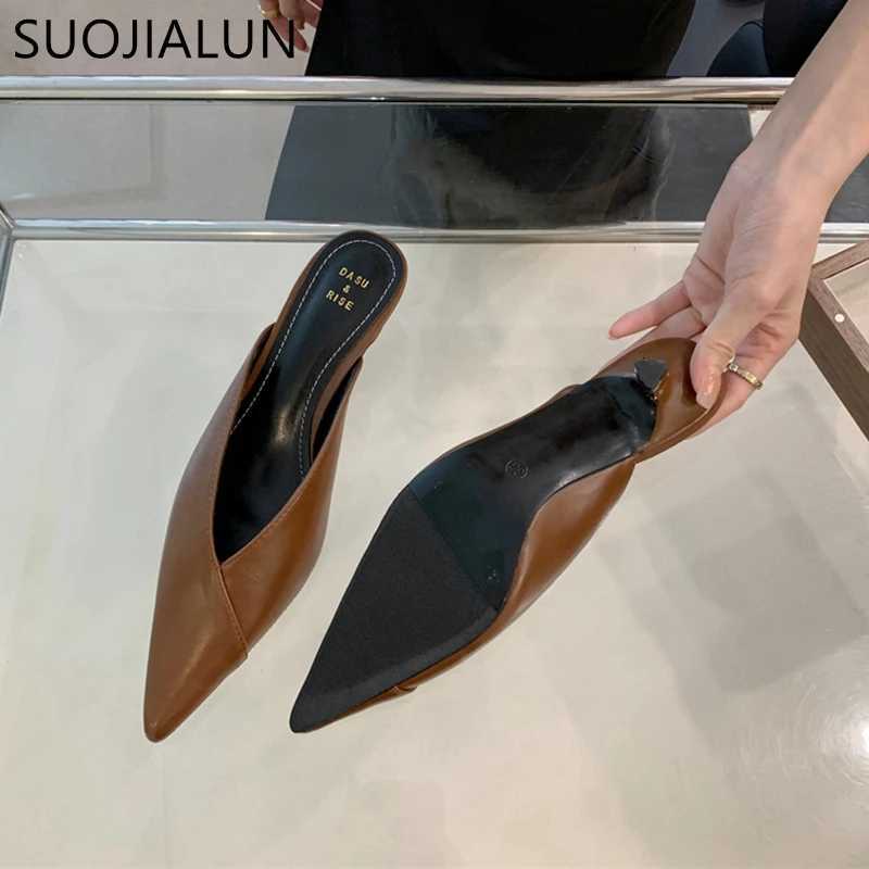 SUOJIALUN 2024 Spring New Women Slipper Fashion Pointed Toe Shallow Slip On Mules Shoes Thin Low Heel Dress Sandal Shoes P K260312