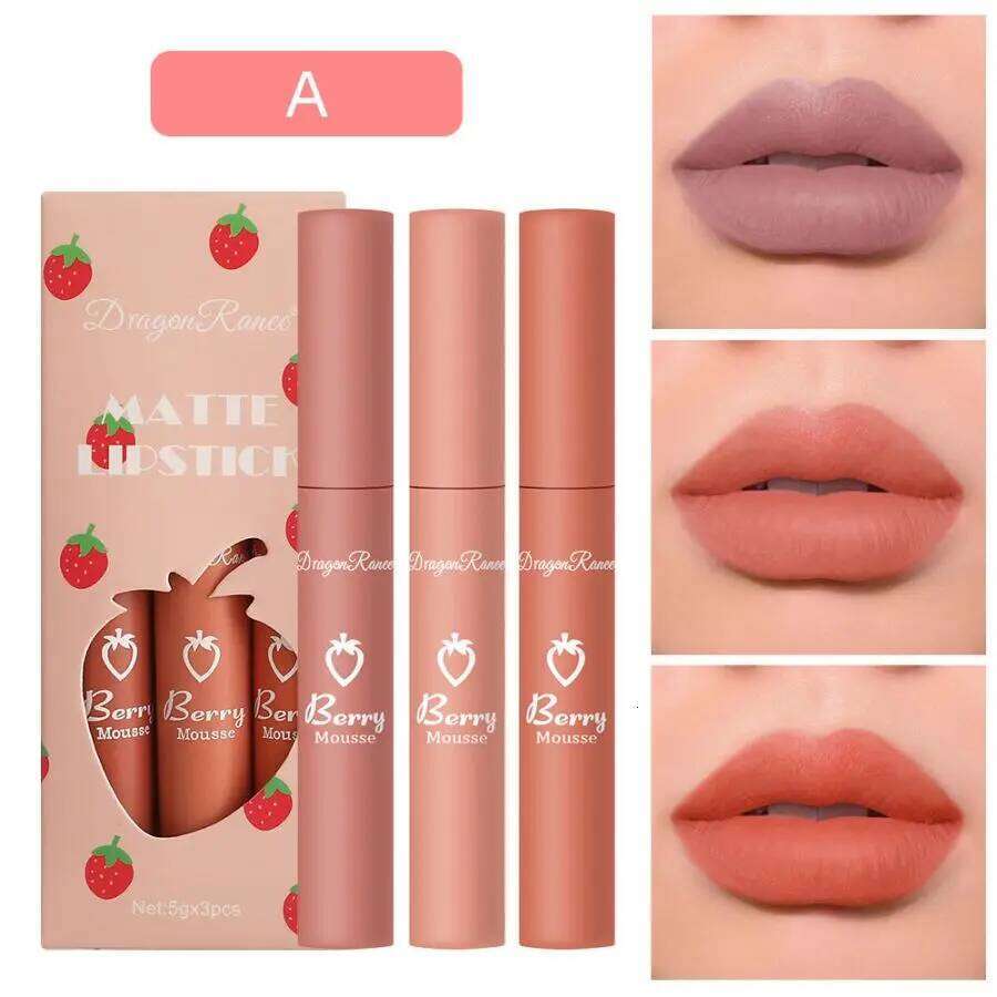 3-Piece of Velvet Matte Lipstick, Small Orange Milk Tea Bean Paste Color Gloss, Easy to Apply, Non-Fading, Non-Stick Cup Lip Gloss Set Box W260311
