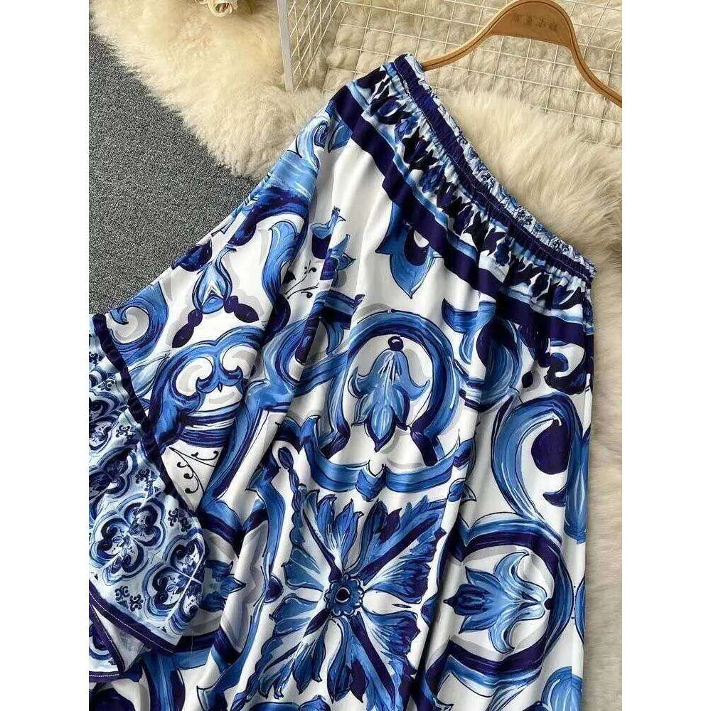 Summer Long Dress Women Runway Blue And White Porcelain Asymmetry Sexy Off The Shoulder Ruffles Hem Loose Robe Maxi Vestidos C260311
