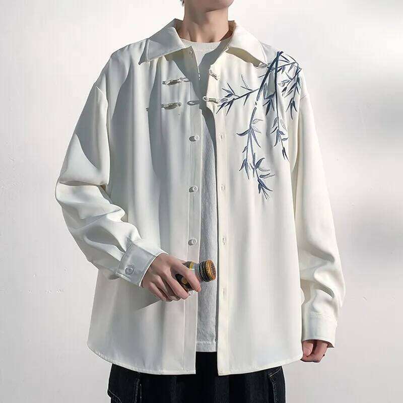 Men Loose Fit Embroidered Floral Casual Shirt Streetwear Oversized Comfortable Spring Summer Fashion Trendy Stylish Top Apparel Asia Size