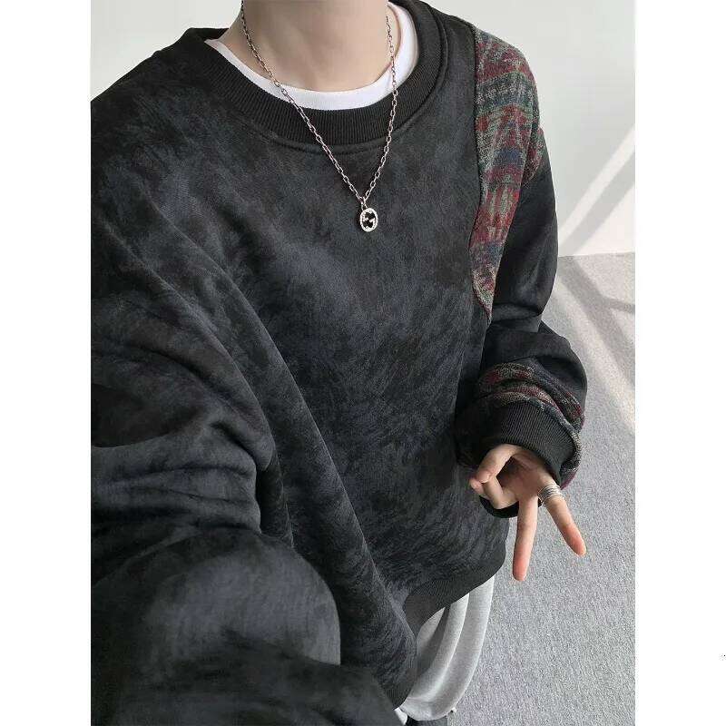 2026 New Men's Textured Print Stand Collar Henley Shirt Baggy Fit Lightweight Streetwear Top Crew Neck Sweatshirt