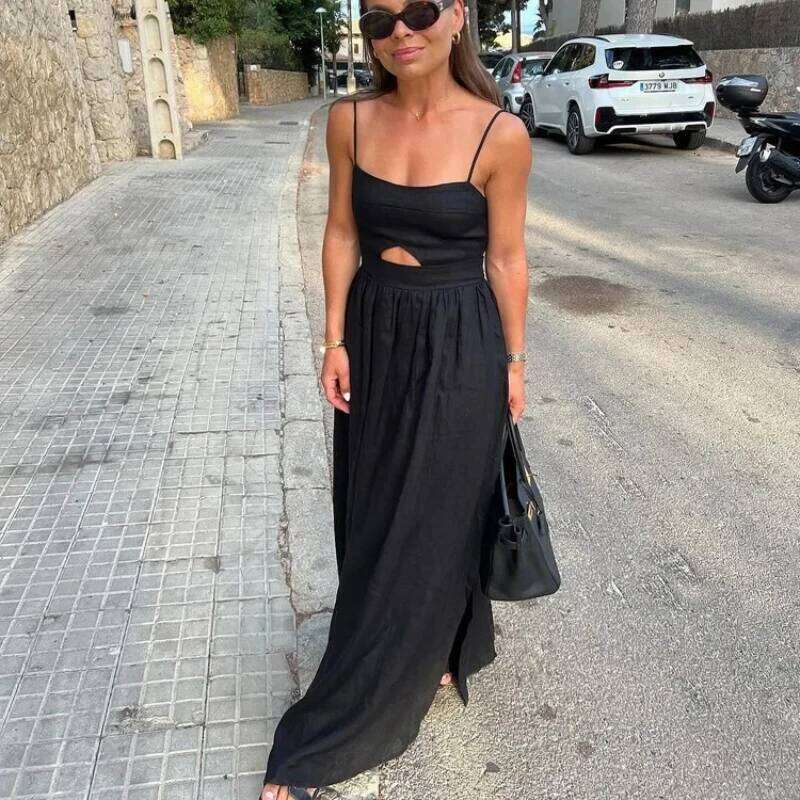 Loose Sexy Elegant Solid Color Summer Sleeveless Spaghetti Strap Hollow Out Ankle Length Dress Pockets Side Slit Women's clo C260312