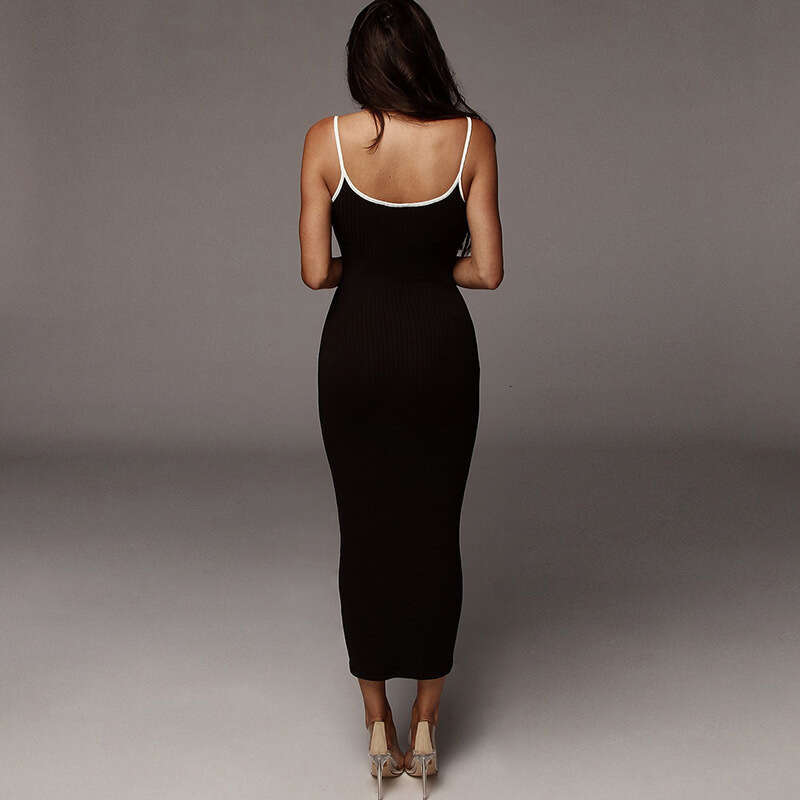 2024 New Summer Cross-Border Fashion Color-Block Strap Long Sexy Backless Bodycon Dress for Women