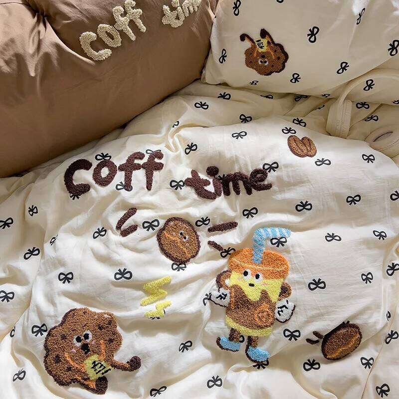 Cartoon Animal Embroidery Bedding Set For Adults Kids Cute Flat Fitted Sheet With Pillowcases Washed Cotton Colorful Full Size H260312