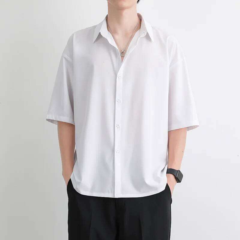 1pcs Summer Thin Short Sleeve Man Ice Silk Loose Style Male Fashion Casual Lapel Button-down Shirt Men Top S-3XL