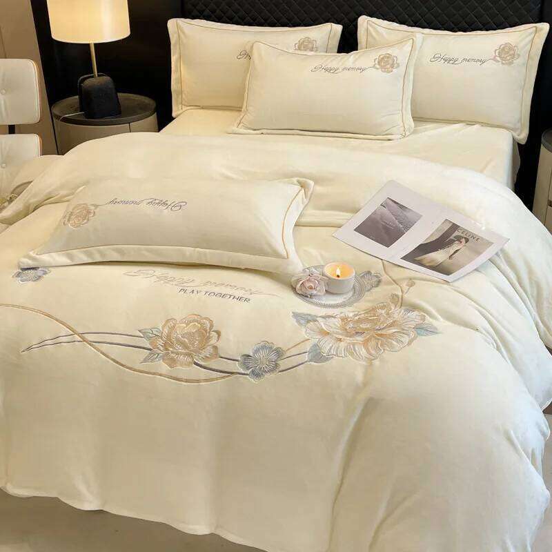 Thickened thermal embroidery four-piece winter double-sided fleece bed sheet quilt cover bedding kit H260312