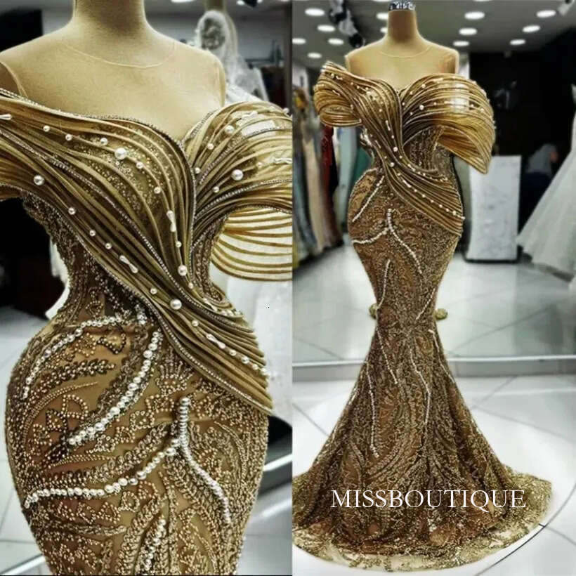 Plus Size Gold Prom Special Occasions Mermaid Promdress Formal Dresses For Women Sheer Neck Illusion Beaded Lace Rhinestone Engagement Gown D10 B0312