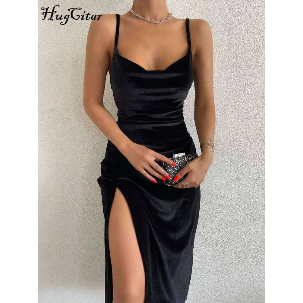 Hugcitar Velvet Swing Collar Sleeveless Slip Sexy Slit Maxi Dress 2025 New Fashion Evening Party Women Elegant Streetwear Y2K C260311