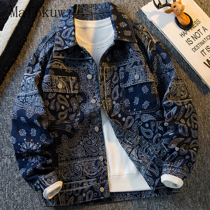 Autumn Retro Ethnic Style Jacquard Denim Jackets Mens Handsome Loose Casual High Street Workwear Jacket Tops Male Clothes 260304