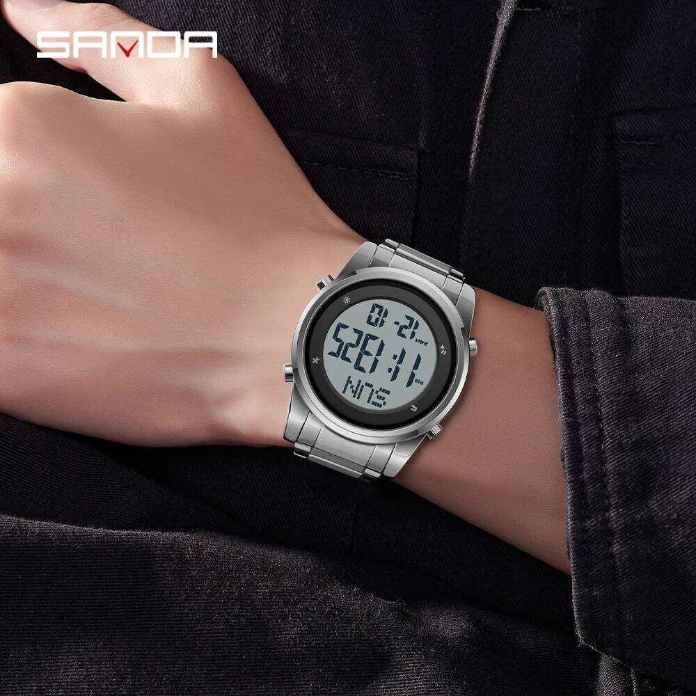 SANDA 6160 Luxury Sports Multi functional Waterproof Display Stainless Steel Strap Men's Electronic Watch