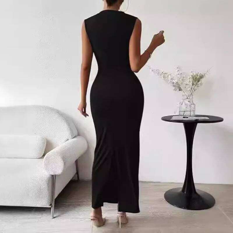 Women Plus Size Elegant Ruched Bodycon Euro Sexy Sleeveless Layering Stretchy Coat Inner Party Outfit Fashion Basic Dress C260311