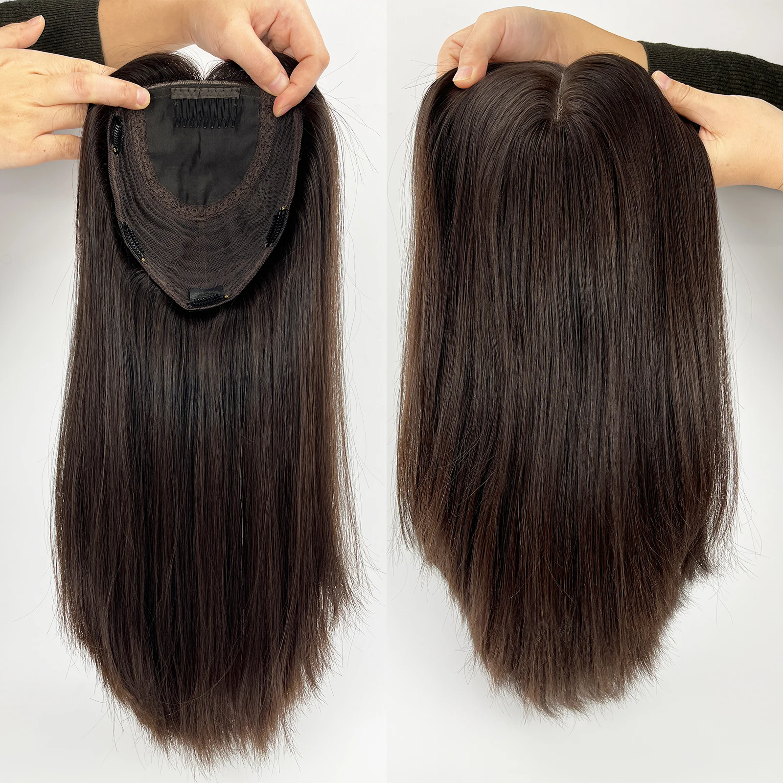 Jewish Topper Soft Silky European Virgin Human Hair Silk Top Kosher Sheitels Brown Hair Piece for White Women Topper