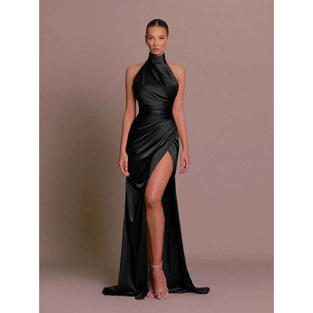 Summer Elegant Party Evening Sexy Women Sleeveless Long Halter Dress Fall Backless High Split Bodycon Maxi Dresses Black C260312
