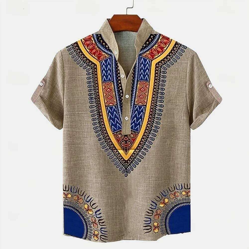 New retro men's linen short sleeved shirt with digital printing, fashionable trend, street outdoor, casual and comfortable