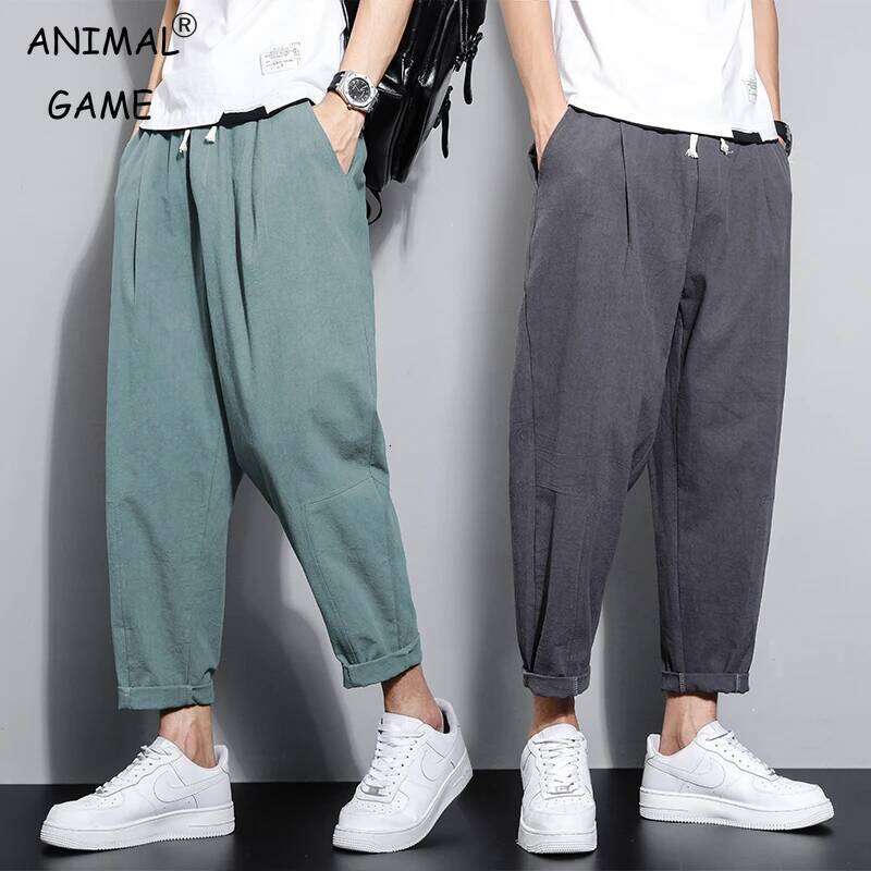Streetwear Cotton Trousers Casual Solid Color Long Breathable Drawstring Straight Harem Men Baggy Pants