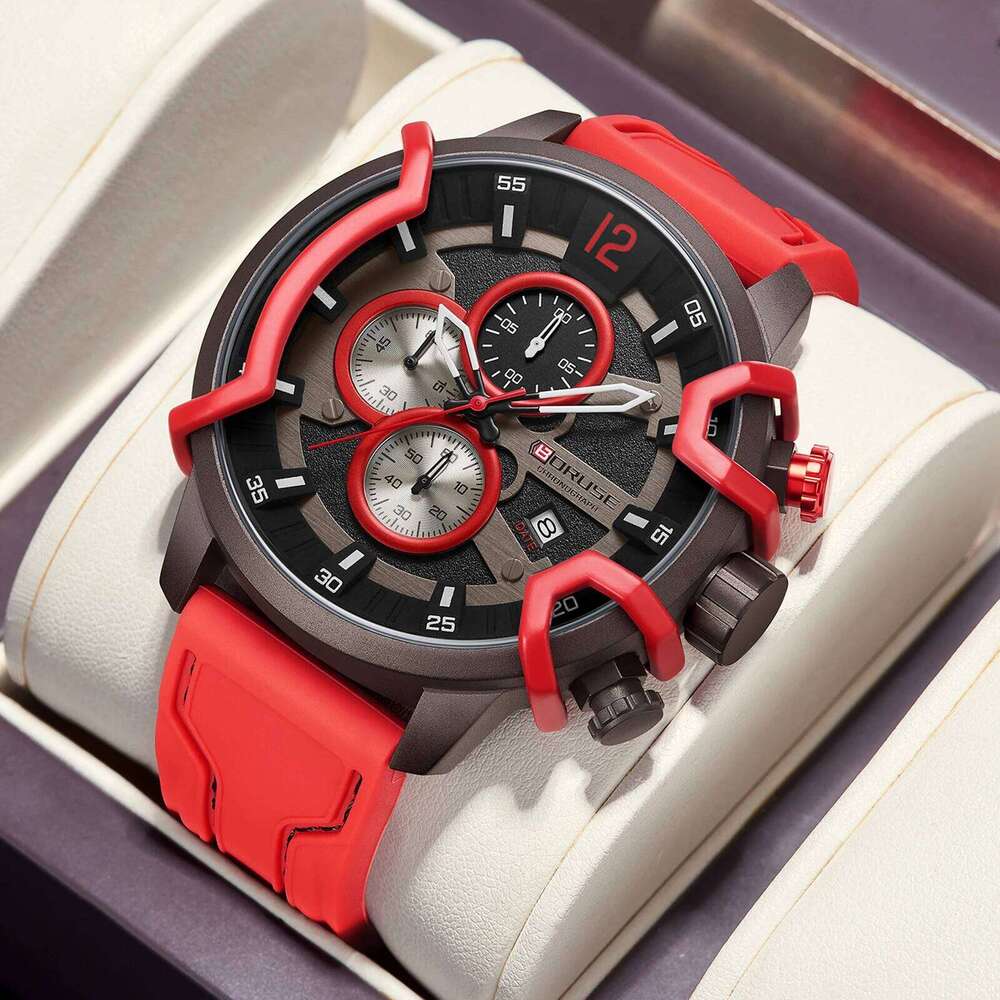 BORUSE 2Pcs/set Business Men's Quartz Watch Necklace Set Round Dial Silicone Red Strap Ideal Gift for Men