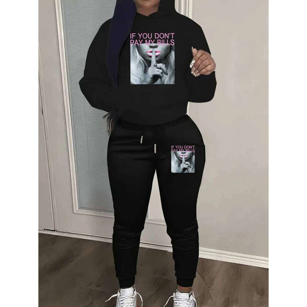 Women's Autumn/Winter Fashion Casual Letter Portrait Pattern Printed Thick Warm Hoodie+Sports Pants Set C260312