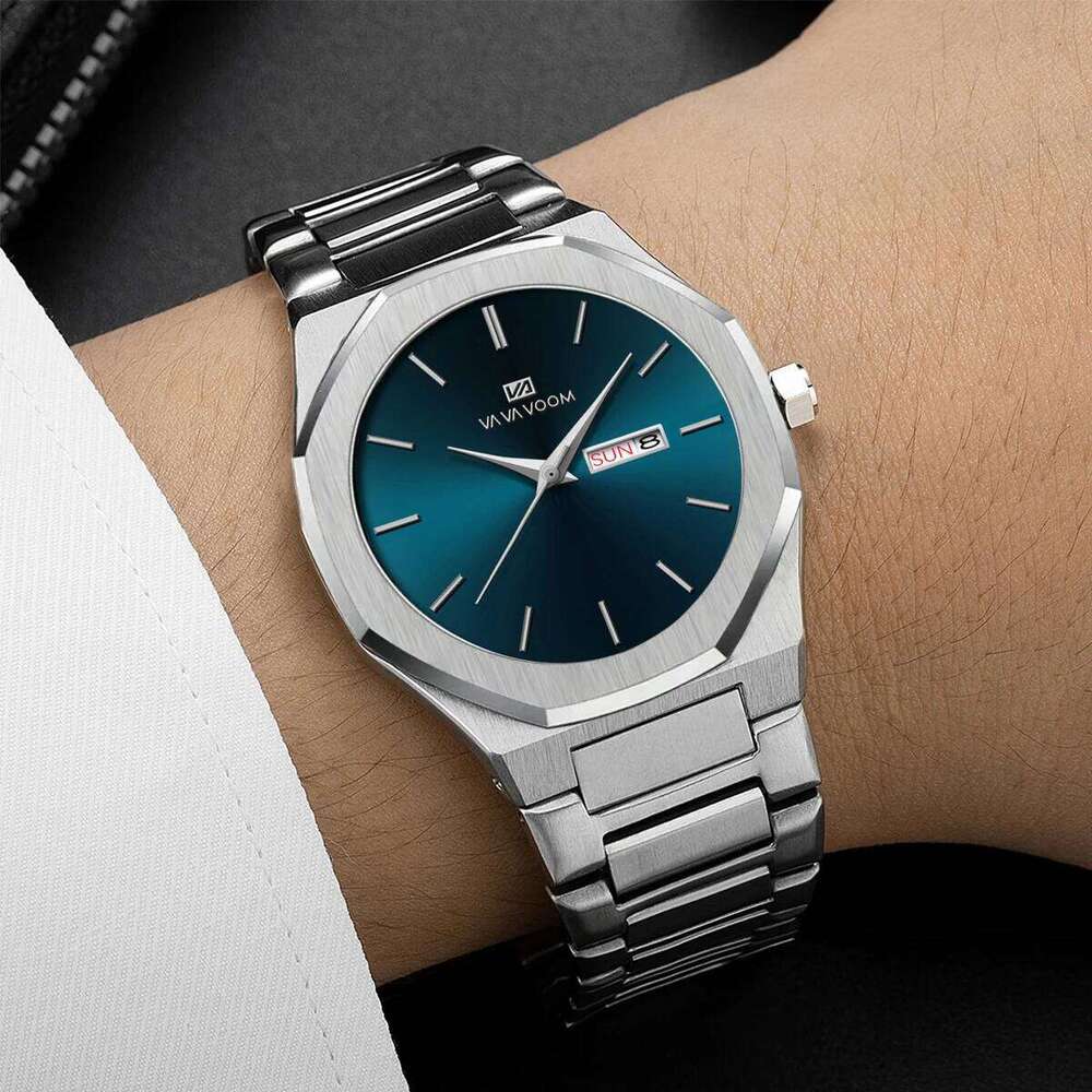 Blue Gold Stainless Steel Octagonal Fashion Business Style Double Calendar Quartz Movement Sports Watch for Men