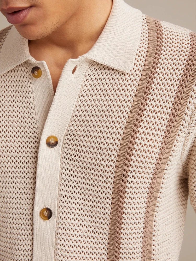 Vintage Striped Knitted Shirts Men Casual Short Sleeve Buttoned Lapel Cardigan Tops 2026 Spring Summer Stylish Knitting Shirt 260311
