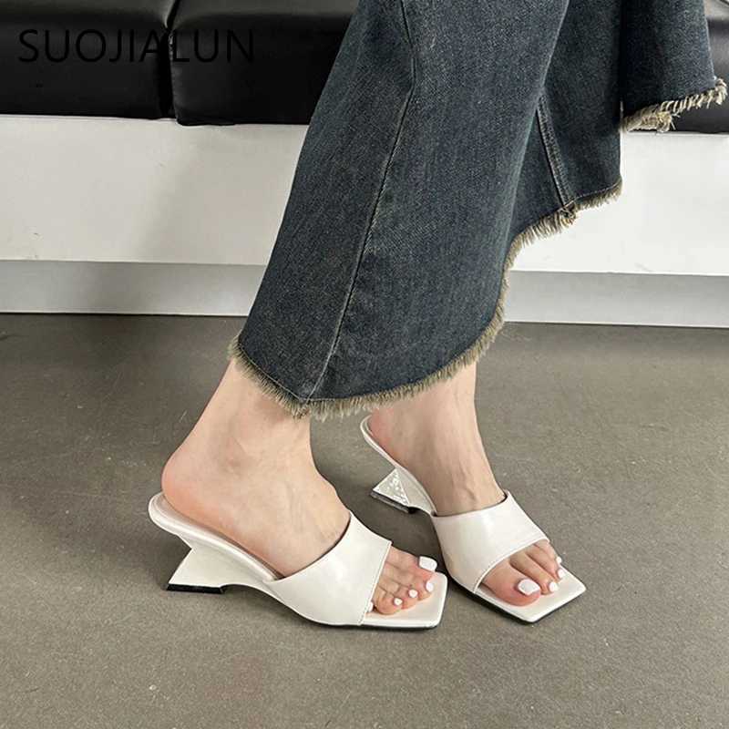 SUOJIALUN 2024 Summer New Women Slipper Fashion High Wedge Heel Ladies Elegant Dress Slides Shoes Square Toe Slip On Sanda K260312