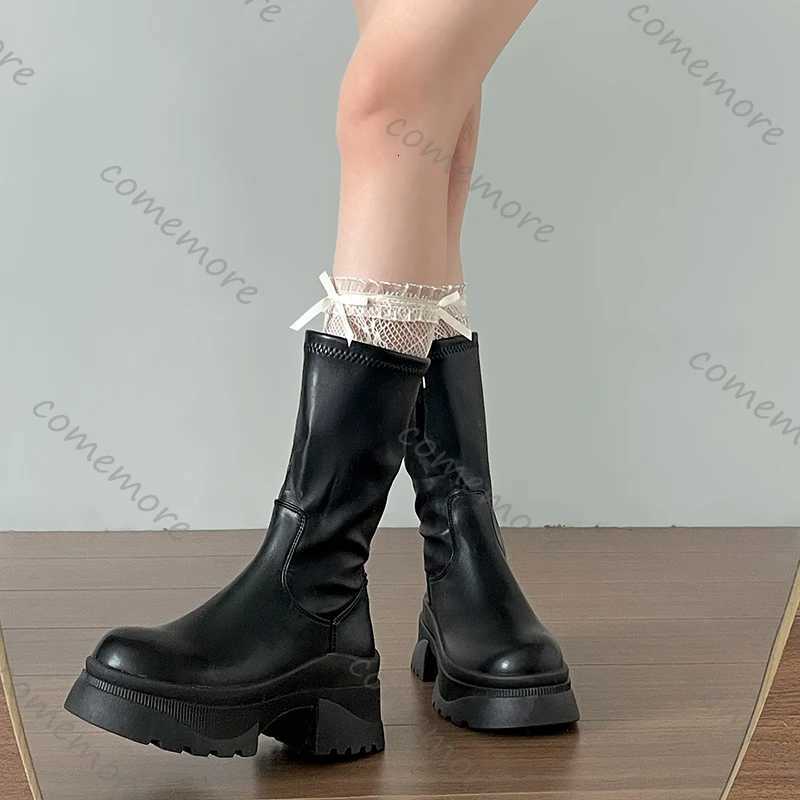 Comemore Chunky Platform Heel Women Ankle Boots Fashion Back Zippers Shoes Autumn Winter Black High Heel Leather Mid Calf Botas S260312