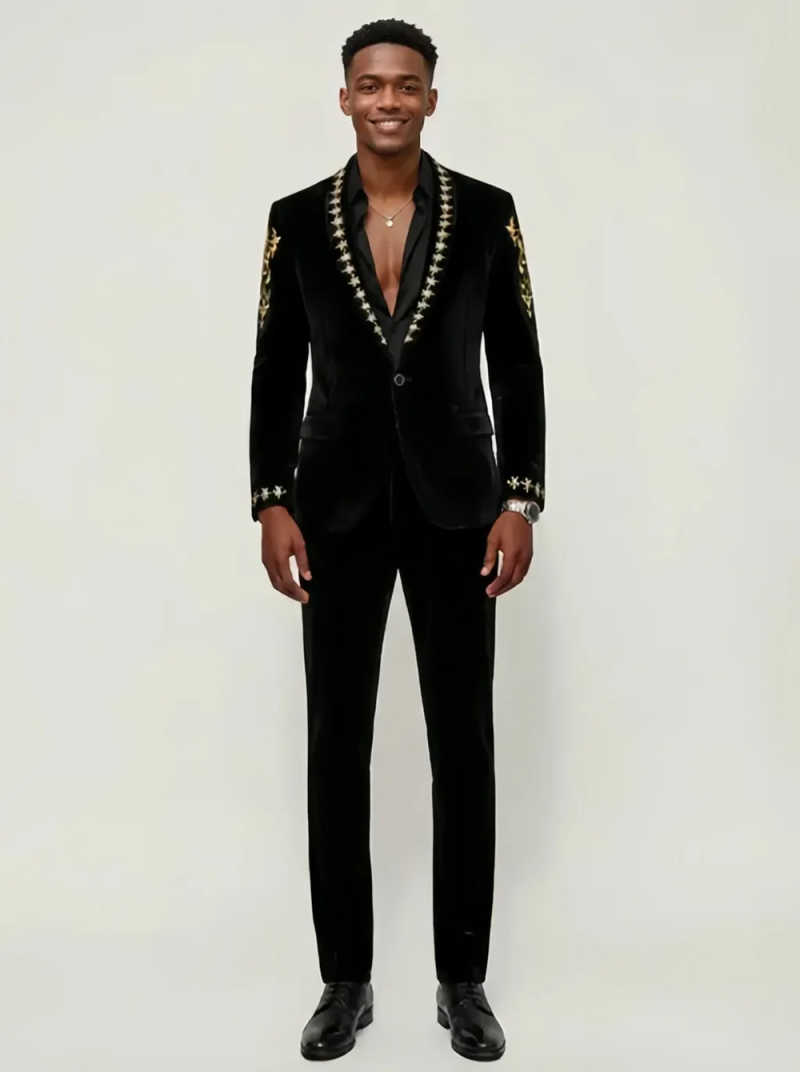 High Quality Men Suit 2 Pcs Blazer Pants Velvet Embroidered Slim Fit Jacket Special Occasion Wedding Prom Party Customized