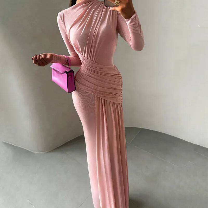 Sexy Tight Pleated Women's Party Long Casual Solid Color High Waist Commuting Dress 2025 Autumn O-neck Velvet Maxi Dresses C260312