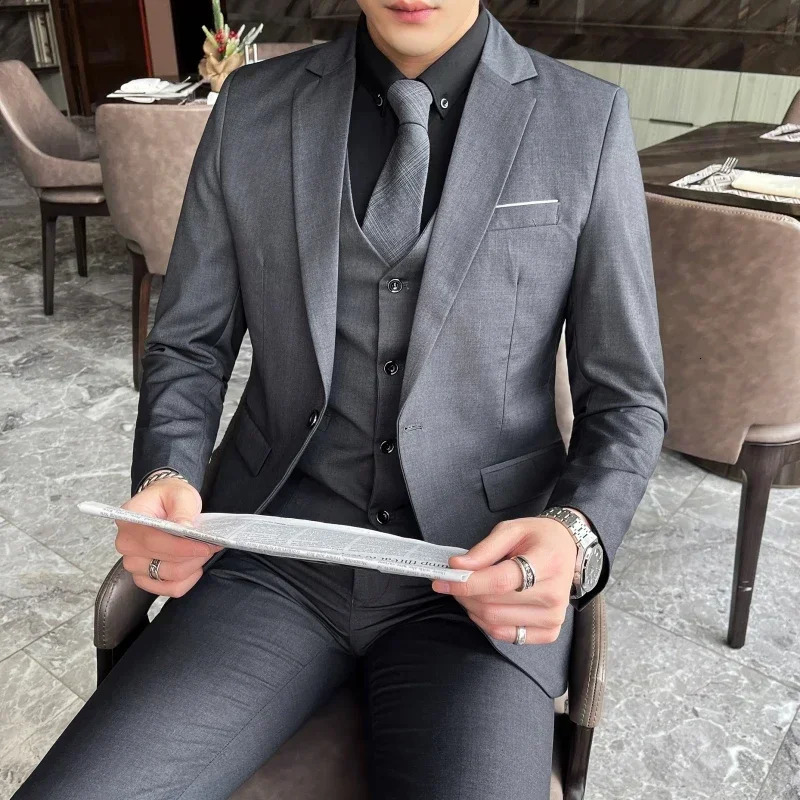 S-9XL BlazerVestPants Mens Fashion Business Gentleman Professional Formal Dress Korean Version Banquet Dress Suit 6XL 260306