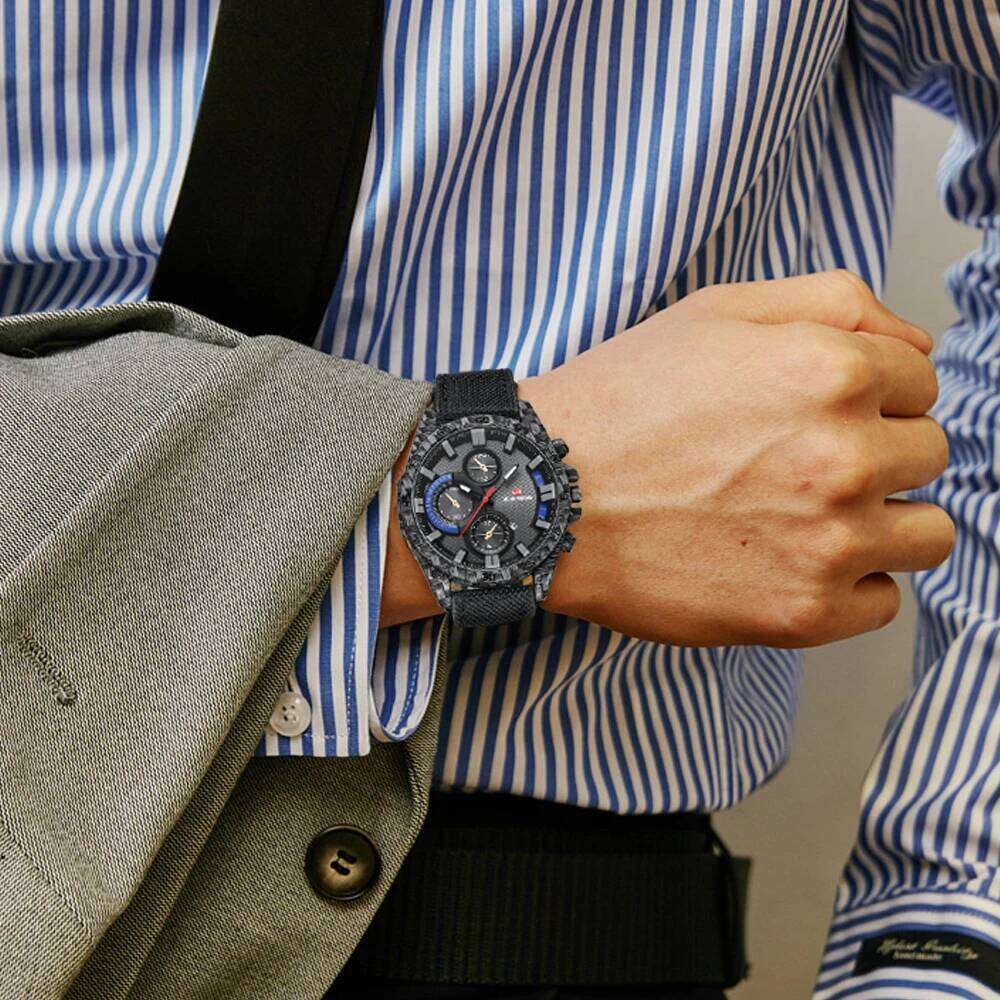 Leather With Fashionable Carbon Fiber Shell 46mm Large Dial Sports Clock Quartz Movement Military Style Watch for Men