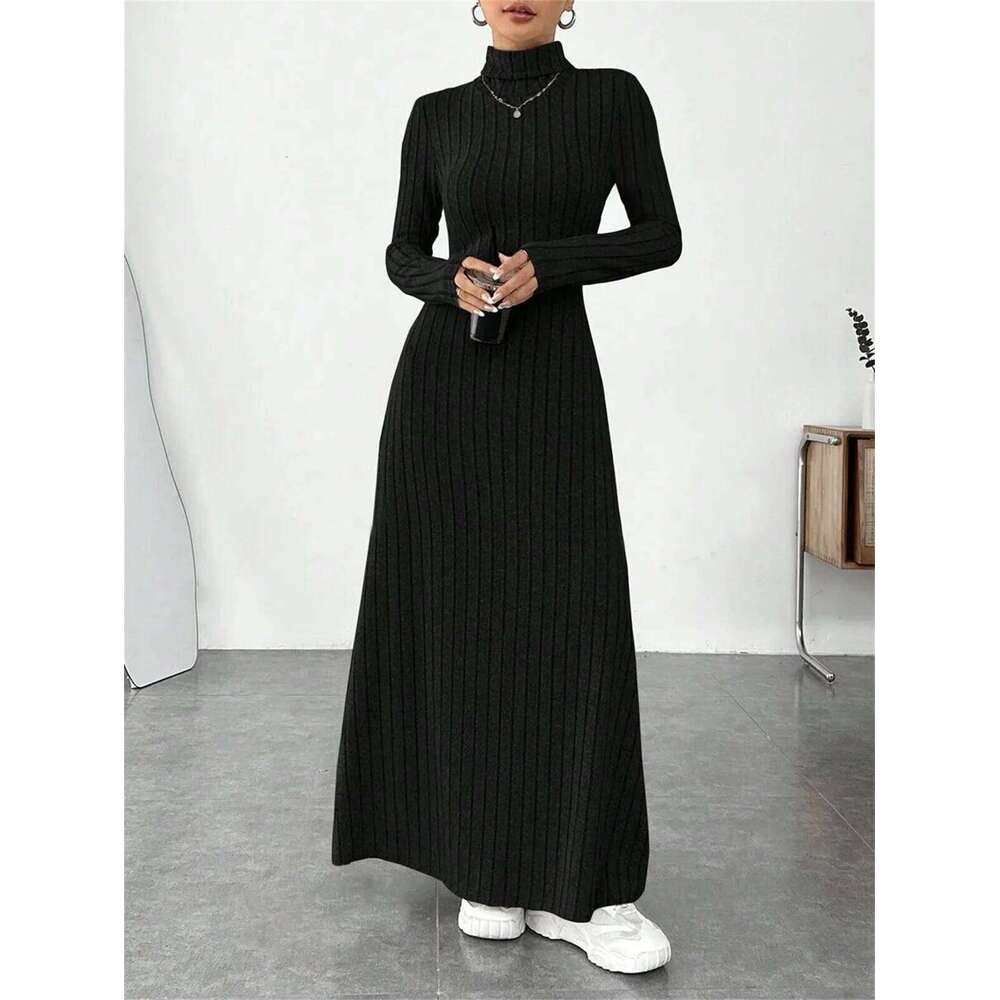 Knitted Elegant Long Sleeve Dress Women 2025 Autumn Winter Vintage Dresses Turtleneck Fashion Solid Vestidos Casual Street Y2K C260312