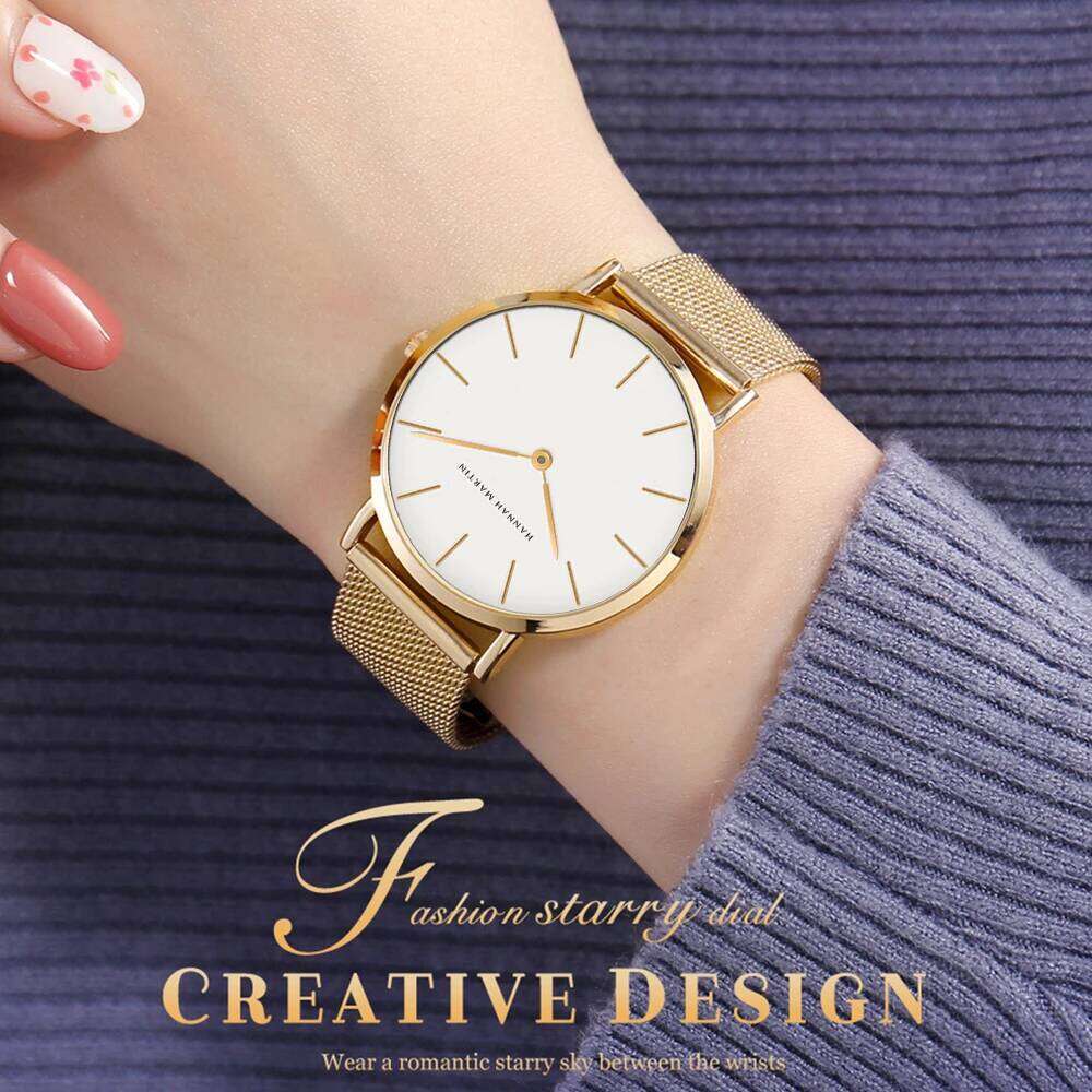 HANNAH MARTIN Brand Classic Women Quartz 36mm Rose Gold Stainless Steel Mesh Strap Japanese Movement Girl Gift Wrist Watch
