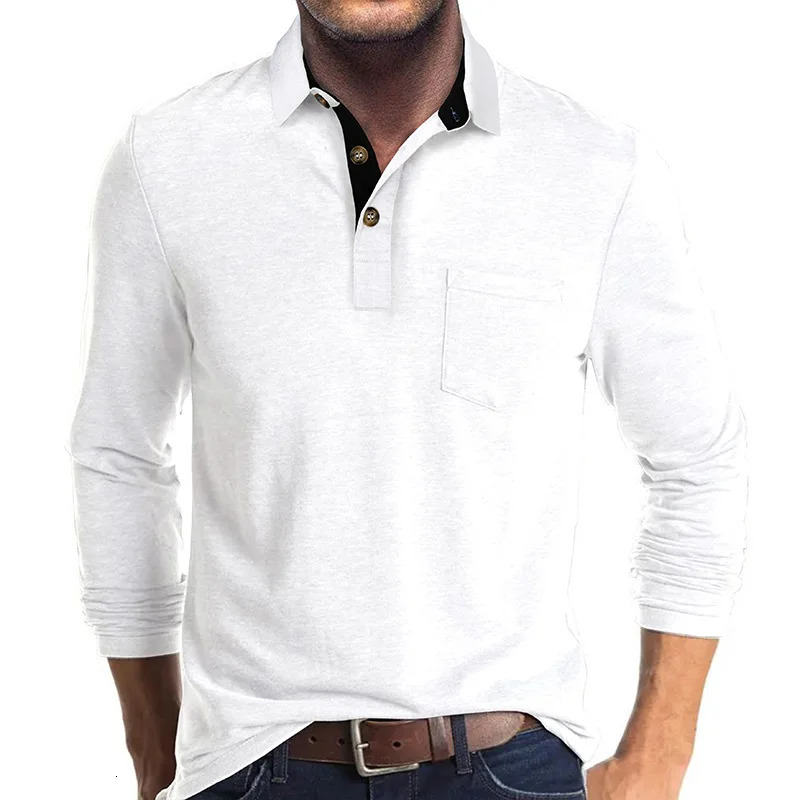 Spring Trend Mens Long Sleeve Casual Tshirt Solid Lapel Button Up Pullover Tops Autumn Turn Down Collar Bottoming Polo Shirt 260311