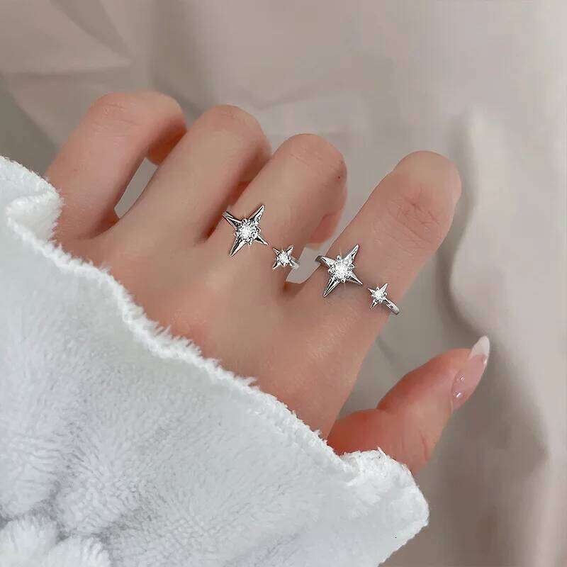 PANJBJ 925 Sterling Silver Four-pointed Star Shining Zircon Ring High-end Personalized Opening Adjustable Jewelry H260312