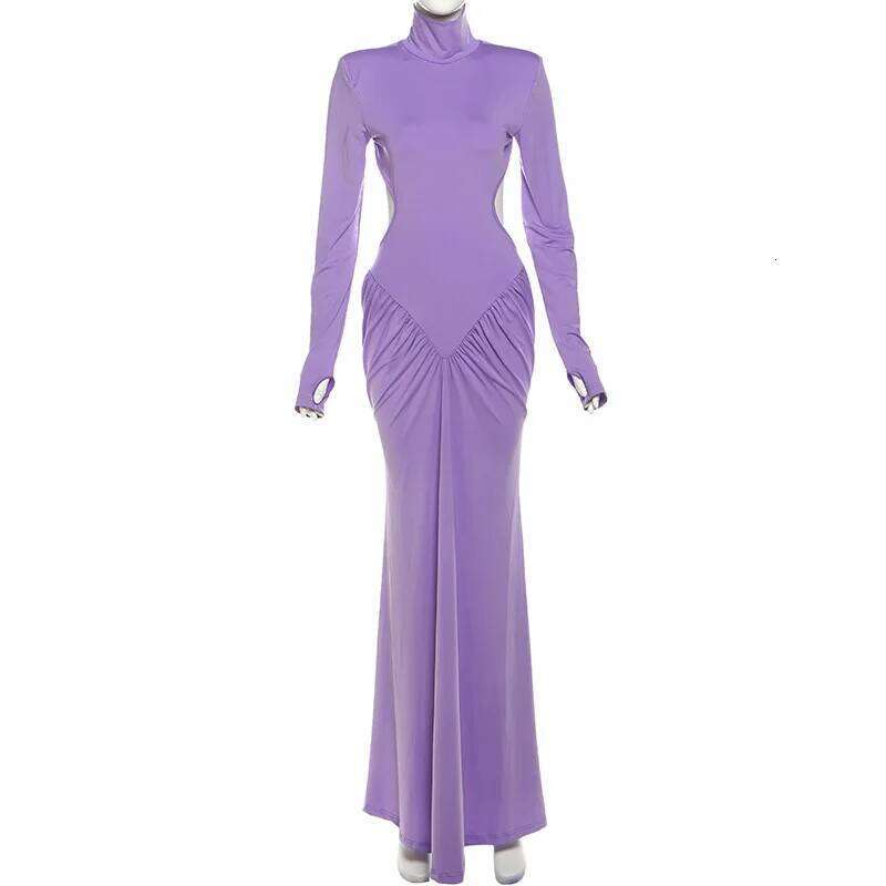 TARUXY Sexy Backless For Women Turtleneck Evening Party Ruched Elegant Solid Long Sleeve Streetwear Maxi Dress C260312
