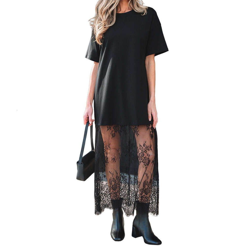 2025 Summer New Solid Color Long Women, European and American Style, Unique Design, Lace Patchwork Short Sleeve Dress for Women